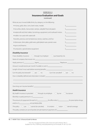 66 / MONEY TALK: A Financial Guide For Women
From the 192-page book Money Talk: A Financial Guide for Women, PALS-3
Available from PALS Publishing, www.palspublishing.com/moneytalk, Ph. 607-255-7654
EXERCISE II-3
Insurance Evaluation and Goals
(continued)
What are your insured dollar limits, by category, on the following:
	 •	money, gold, silver, coins, bank notes, medals	 $_____________	
	 •	securities, deeds, manuscripts, stamps, valuable financial papers	 $_____________
	 •	watercraft and their trailers, furnishings, equipment, and outboard motors	 $_____________
	 •	trailers not used with watercraft	 $_____________
	 •	jewelry, precious and semiprecious stones, watches, and furs	 $_____________
	 •	silverware, silver plate, gold-ware, gold-plated ware, pewter-ware	 $_____________
	 •	guns and firearms 	 $_____________
	 •	computers, special stereo equipment 	 $_____________
Disability Insurance
I have disability insurance ■ through my employer ■ purchased by me.
Name of company that insures me ________________________________________________
Yearly premium $_____________ Agent__________________________ Telephone____________________
Amount I would receive per month if unable to work $__________________
Length of time I must wait before receiving benefits _________________________________
Can the policy be renewed? ■ yes ■ no Can it be canceled? ■ yes ■ no
How is disability defined and what does it include?_______________________________________________
_______________________________________________________________________________________
_______________________________________________________________________________________
How long can I receive benefits? _____________________
Health Insurance
My health insurance is provided ■ through my employer ■ by me ■ by spouse
Monthly or yearly premium is $_____________
The amount of copayment for each is $_____________ for office visits, $_____________ for prescription drugs,
and/or a $_____________ annual deductible.
The policy ■ can ■ cannot be canceled. It contains ■ vision ■ dental coverage.
The policy contains an out-of-pocket annual maximum payment of $_____________.
 