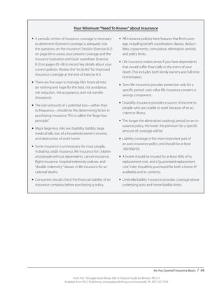 Are You Covered? Insurance Basics / 69
From the 192-page book Money Talk: A Financial Guide for Women, PALS-3
Available from PALS Publishing, www.palspublishing.com/moneytalk, Ph. 607-255-7654
Your Minimum“Need To Knows”about Insurance
•	 A periodic review of insurance coverage is necessary
to determine if present coverage is adequate. Use
the questions on the Insurance Checklist (Exercise II-2)
on page 64 to assess your present coverage and the
Insurance Evaluation and Goals work­sheet (Exercise
II-3) on pages 65–68 to record key details about your
current policies. Review the“to do list”for improved
insurance coverage at the end of Exercise II-3.
•	 There are five ways to manage life’s financial risks:
do nothing and hope for the best, risk avoidance,
risk reduction, risk acceptance, and risk transfer
(insurance).
•	 The size (amount) of a potential loss—rather than
its frequency—should be the determining factor in
purchasing insurance. This is called the“large-loss
principle.”
•	 Major large-loss risks are disability, liability, large
medical bills, loss of a household earner’s income,
and destruction of one’s home.
•	 Some insurance is unnecessary for most people,
including credit insurance, life insurance for children
and people without dependents, cancer insurance,
flight insurance, hospital indemnity policies, and
“double indemnity”clauses in life insurance for ac-
cidental deaths.
•	 Consumers should check the financial stability of an
insurance company before purchasing a policy.
•	 All insurance policies have features that limit cover-
age, including benefit coordination clauses, deduct-
ibles, copayments, coinsurance, elimination periods,
and policy limits.
•	 Life insurance makes sense if you have dependents
that would suffer financially in the event of your
death. This includes both family earners and full-time
homemakers.
•	 Term life insurance provides protection only for a
specific period; cash value life insurance contains a
savings component.
•	 Disability insurance provides a source of income to
people who are unable to work because of an ac-
cident or illness.
•	 The longer the elimination (waiting) period on an in-
surance policy, the lower the premium for a specific
amount of coverage will be.
•	 Liability coverage is the most important part of
an auto insurance policy and should be at least
100/300/50.
•	 A home should be insured for at least 80% of its
replacement cost, and a“guaranteed replacement
cost”rider should be purchased for both a home (if
available) and its contents.
•	 Umbrella liability insurance provides coverage above
underlying auto and home liability limits.
 