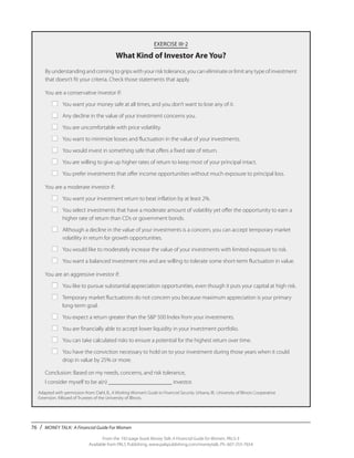 76 / MONEY TALK: A Financial Guide For Women
From the 192-page book Money Talk: A Financial Guide for Women, PALS-3
Available from PALS Publishing, www.palspublishing.com/moneytalk, Ph. 607-255-7654
EXERCISE III-2
What Kind of Investor Are You?
By understanding and coming to grips with your risk tolerance, you can eliminate or limit any type of investment
that doesn’t fit your criteria. Check those statements that apply.
You are a conservative investor if:
	 ■ 	 You want your money safe at all times, and you don’t want to lose any of it.
	 ■	 Any decline in the value of your investment concerns you.
	 ■	 You are uncomfortable with price volatility.
	 ■	 You want to minimize losses and fluctuation in the value of your investments.
	 ■	 You would invest in something safe that offers a fixed rate of return.
	 ■	 You are willing to give up higher rates of return to keep most of your principal intact.
	 ■	 You prefer investments that offer income opportunities without much exposure to principal loss.
You are a moderate investor if:
	 ■	 You want your investment return to beat inflation by at least 2%.
	 ■	 You select investments that have a moderate amount of volatility yet offer the opportunity to earn a 	
		 higher rate of return than CDs or government bonds.
	 ■	 Although a decline in the value of your investments is a concern, you can accept temporary market 	
		 volatility in return for growth opportunities.
	 ■	 You would like to moderately increase the value of your investments with limited exposure to risk.
	 ■	 You want a balanced investment mix and are willing to tolerate some short-term fluctuation in value.
You are an aggressive investor if:
	 ■	 You like to pursue substantial appreciation opportunities, even though it puts your capital at high risk.
	 ■	 Temporary market fluctuations do not concern you because maximum appreciation is your primary 	
		 long-term goal.
	 ■	 You expect a return greater than the S&P 500 Index from your investments.
	 ■	 You are financially able to accept lower liquidity in your investment portfolio.
	 ■	 You can take calculated risks to ensure a potential for the highest return over time.
	 ■	 You have the conviction necessary to hold on to your investment during those years when it could 	
		 drop in value by 25% or more.
Conclusion: Based on my needs, concerns, and risk tolerance,
I consider myself to be a(n) ______________________ investor.
Adapted with permission from: Dahl, B., A Working Woman’s Guide to Financial Security. Urbana, Ill.: University of Illinois Cooperative
Extension. ©Board of Trustees of the University of Illinois.
 