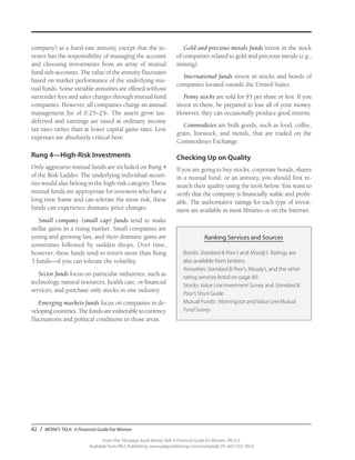 82 / MONEY TALK: A Financial Guide For Women
From the 192-page book Money Talk: A Financial Guide for Women, PALS-3
Available from PALS Publishing, www.palspublishing.com/moneytalk, Ph. 607-255-7654
company) as a fixed-rate annuity, except that the in-
vestor has the responsibility of managing the account
and choosing investments from an array of mutual
fund sub-accounts. The value of the annuity fluctuates
based on market performance of the underlying mu-
tual funds. Some variable annuities are offered without
surrender fees and sales charges through mutual fund
companies. However, all companies charge an annual
management fee of 0.25–2%. The assets grow tax-
deferred and earnings are taxed at ordinary income
tax rates rather than at lower capital gains rates. Low
expenses are absolutely critical here.
Rung 4—High-Risk Investments
Only aggressive mutual funds are included on Rung 4
of the Risk Ladder. The underlying individual securi-
ties would also belong in the high-risk category. These
mutual funds are appropriate for investors who have a
long time frame and can tolerate the most risk; these
funds can experience dramatic price changes.
Small company (small cap) funds tend to make
stellar gains in a rising market. Small companies are
young and growing fast, and their dramatic gains are
sometimes followed by sudden drops. Over time,
however, these funds tend to return more than Rung
3 funds—if you can tolerate the volatility.
Sector funds focus on particular industries, such as
technology, natural resources, health care, or financial
services, and purchase only stocks in one industry.
Emerging markets funds focus on companies in de-
veloping countries. The funds are vulnerable to currency
fluctuations and political conditions in those areas.
Gold and precious metals funds invest in the stock
of companies related to gold and precious metals (e.g.,
mining).
International funds invest in stocks and bonds of
companies located outside the United States.
Penny stocks are sold for $5 per share or less. If you
invest in them, be prepared to lose all of your money.
However, they can occasionally produce good returns.
Commodities are bulk goods, such as food, coffee,
grain, livestock, and metals, that are traded on the
Commodities Exchange.
Checking Up on Quality
If you are going to buy stocks, corporate bonds, shares
in a mutual fund, or an annuity, you should first re-
search their quality using the tools below. You want to
verify that the company is financially stable and profit-
able. The authoritative ratings for each type of invest-
ment are available in most libraries or on the Internet.
Ranking Services and Sources
Bonds: Standard & Poor’s and Moody’s. Ratings are
also available from brokers.
Annuities: Standard & Poor’s, Moody’s, and the other
rating services listed on page 80.
Stocks: Value Line Investment Survey and Standard &
Poor’s Stock Guide.
Mutual Funds:	 Morningstar and Value Line Mutual
Fund Survey
 