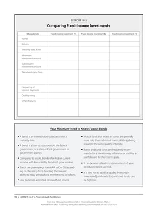 90 / MONEY TALK: A Financial Guide For Women
From the 192-page book Money Talk: A Financial Guide for Women, PALS-3
Available from PALS Publishing, www.palspublishing.com/moneytalk, Ph. 607-255-7654
EXERCISE III-5
Comparing Fixed-Income Investments
Your Minimum“Need to Knows”about Bonds
•	A bond is an interest-bearing security with a
maturity date.
•	A bond is a loan to a corporation, the federal
govern­ment, or a state or local government or
government agency.
•	Compared to stocks, bonds offer higher current
income with less volatility, but don’t grow in value.
•	Bonds are given ratings from AAA to C or D (depend-
ing on the rating firm), denoting their issuers’
ability to repay principal and interest owed to holders.
•	Low expenses are critical to bond fund returns.
•	Mutual funds that invest in bonds are generally
more risky than individual bonds, all things being
equal (for the same quality of bonds).
•	Bonds and bond funds are frequently recom-
mended as a low-risk way to balance or stabilize a
portfolio and for short-term goals.
•	It can be wise to limit bond maturities to 5 years
to reduce interest rate risk.
•	It is best not to sacrifice quality. Investing in
lower-rated junk bonds (or junk bond funds) can
be high risk.
Characteristic Fixed-income investment #1 Fixed-income investment #2 Fixed-income investment #3
Name
Return
Maturity date, if any
Minimum
investment amount
Subsequent
investment amount
Tax advantages, if any
Frequency of
interest payments
Quality rating
Other features
 
