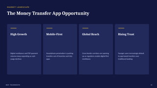 M A R K E T L A N D S C A P E
The Money Transfer App Opportunity
High Growth
Digital remittance and P2P payment
volumes keep expanding as cash
usage declines
Mobile-First
Smartphone penetration is pushing
transfers out of branches and into
apps
Global Reach
Cross-border corridors are opening
up as regulators enable digital-first
remittance
Rising Trust
Younger users increasingly default
to app-based transfers over
traditional banking
D E V T E C H N O S Y S 03
 