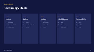E N G I N E E R I N G
Technology Stack
Frontend
• Swift (iOS)
• Kotlin (Android)
• React Native
Backend
• Node.js
• Java (Spring Boot)
• Python
Database
• PostgreSQL
• MongoDB
• Redis
Cloud & DevOps
• AWS
• Docker
• Kubernetes
Payments & APIs
• Stripe
• PayPal
• Plaid
D E V T E C H N O S Y S 08
 