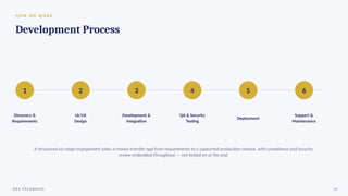 H OW W E W O R K
Development Process
1
Discovery &
Requirements
2
UI/UX
Design
3
Development &
Integration
4
QA & Security
Testing
5
Deployment
6
Support &
Maintenance
A structured six-stage engagement takes a money transfer app from requirements to a supported production release, with compliance and security
review embedded throughout — not bolted on at the end.
D E V T E C H N O S Y S 09
 