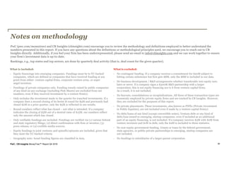 PwC | CB Insights MoneyTree™ Report Q4 2018 98
Notes on methodology
PwC (pwc.com/moneytree) and CB Insights (cbinsights.com) encourage you to review the methodology and definitions employed to better understand the
numbers presented in this report. If you have any questions about the definitions or methodological principles used, we encourage you to reach out to CB
Insights directly. Additionally, if you feel your firm has been underrepresented, please send an email to info@cbinsights.com and we can work together to ensure
your firm’s investment data is up-to-date.
Rankings, e.g., top states and top sectors, are done by quarterly deal activity (that is, deal count for the given quarter).
What is included:
- Equity financings into emerging companies. Fundings must be to VC-backed
companies, which are defined as companies that have received funding at any
point from either: venture capital firms, corporate venture arms, or super
angel investors.
- Fundings of private companies only. Funding rounds raised by public companies
of any kind on any exchange (including Pink Sheets) are excluded from our
numbers, even if they received investment by a venture firm(s).
- Only includes the investment made in the quarter for tranched investments. If a
company does a second closing of its Series B round for $5M and previously had
closed $2M in a prior quarter, only the $5M is reflected in our results.
- Round numbers reflect what has closed – not what is intended. If a company
indicates the closing of $5M out of a desired raise of $15M, our numbers reflect
only the amount which has closed.
- Only verifiable fundings are included. Fundings are verified via (1) various federal
and state regulatory filings; (2) direct confirmation with firm or investor; (3)
press release; or (4) credible media sources.
- Equity fundings to joint ventures and spinoffs/spinouts are included, given that
they meet the VC-backed criteria.
- Geography note: Israel funding figures are classified in Asia.
What is excluded:
- No contingent funding. If a company receives a commitment for $20M subject to
hitting certain milestones but first gets $8M, only the $8M is included in our data.
- No business development / R&D arrangements whether transferable into equity now,
later or never. If a company signs a $300M R&D partnership with a larger
corporation, this is not equity financing nor is it from venture capital firms.
As a result, it is not included.
- No buyouts, consolidations or recapitalizations. All three of these transaction types are
commonly employed by private equity firms and are tracked by CB Insights. However,
they are excluded for the purposes of this report.
- No private placements. These investments, also known as PIPEs (Private Investment
in Public Equities), are not included even if made by a venture capital firm(s).
- No debt/loans of any kind (except convertible notes). Venture debt or any kind of
debt/loan issued to emerging, startup companies, even if included as an additional
part of an equity financing, is not included. If a company receives $3M with $2M from
venture investors and $1M in debt, only the $2M is included in these statistics.
- No non-equity government funding. Grants or loans by the federal government,
state agencies, or public-private partnerships to emerging, startup companies are
not included.
- No fundings to subsidiaries of a larger parent corporation.
 