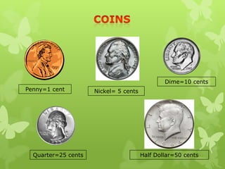 Penny=1 cent Nickel= 5 cents
Dime=10 cents
Quarter=25 cents Half Dollar=50 cents
 