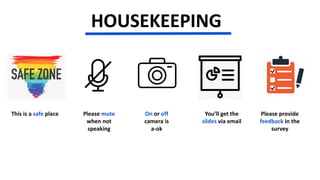 HOUSEKEEPING
You’ll get the
slides via email
Please provide
feedback in the
survey
Please mute
when not
speaking
On or off...