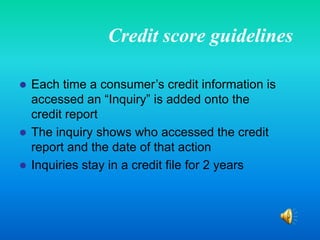 NSF ChecksTypes of creditSecured = Credit backed up by savings or deposit equal to the amount of debtUnsecured = Most credit, gas, and retail cardsInstallment = Fixed amount, fixed term, fixed simple interestRevolving = Variable amount, undetermined term, variable monthly payment