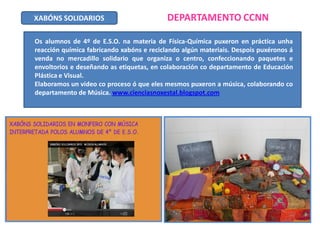 XABÓNS SOLIDARIOS

DEPARTAMENTO CCNN

Os alumnos de 4º de E.S.O. na materia de Física-Química puxeron en práctica unha
reacción química fabricando xabóns e reciclando algún materiais. Despois puxéronos á
venda no mercadillo solidario que organiza o centro, confeccionando paquetes e
envoltorios e deseñando as etiquetas, en colaboración co departamento de Educación
Plástica e Visual.
Elaboramos un video co proceso ó que eles mesmos puxeron a música, colaborando co
departamento de Música. www.cienciasnoxestal.blogspot.com

 