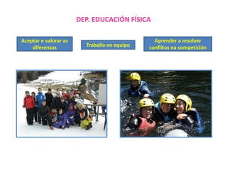 DEP. EDUCACIÓN FÍSICA
Aceptar e valorar as
diferenzas

Traballo en equipo

Aprender a resolver
conflitos na competición

 