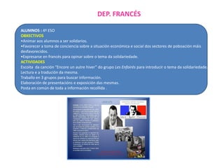 DEP. FRANCÉS
ALUMNOS : 4º ESO
OBXECTIVOS
•Animar aos alumnos a ser solidarios.
•Favorecer a toma de conciencia sobre a situación económica e social dos sectores de poboación máis
desfavorecidos.
•Expresarse en francés para opinar sobre o tema da solidariedade.
ACTIVIDADES
Escoita da canción “Encore un autre hiver” do grupo Les Enfoirés para introducir o tema da solidariedade.
Lectura e a tradución da mesma.
Traballo en 3 grupos para buscar información.
Elaboración de presentacións e exposición das mesmas.
Posta en común de toda a información recollida .

 