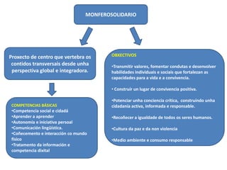 MONFEROSOLIDARIO

Proxecto de centro que vertebra os
contidos transversais desde unha
perspectiva global e integradora.

OBXECTIVOS
•Transmitir valores, fomentar condutas e desenvolver
habilidades individuais e sociais que fortalezan as
capacidades para a vida e a convivencia.
• Construír un lugar de convivencia positiva.

COMPETENCIAS BÁSICAS

•Competencia social e cidadá
•Aprender a aprender
•Autonomía e iniciativa persoal
•Comunicación lingüística.
•Coñecemento e interacción co mundo
físico
•Tratamento da información e
competencia dixital

•Potenciar unha conciencia crítica, construíndo unha
cidadanía activa, informada e responsable.
•Recoñecer a igualdade de todos os seres humanos.
•Cultura da paz e da non violencia
•Medio ambiente e consumo responsable

 