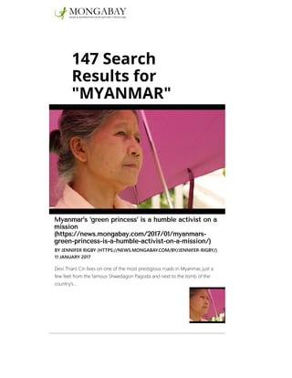 147 Search
Results for
"MYANMAR"
Myanmar’s ‘green princess’ is a humble activist on a
mission
(https://news.mongabay.com/2017/01/myanmars-
green-princess-is-a-humble-activist-on-a-mission/)
BY JENNIFER RIGBY (HTTPS://NEWS.MONGABAY.COM/BY/JENNIFER-RIGBY/)
11 JANUARY 2017
Devi Thant Cin lives on one of the most prestigious roads in Myanmar, just a
few feet from the famous Shwedagon Pagoda and next to the tomb of the
country’s…
 