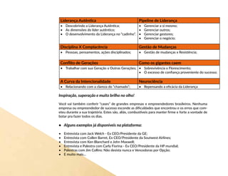 Inspiração, superação e muito brilho no olho!
Você vai também conferir “cases” de grandes empresas e empreendedores brasileiros. Nenhuma
empresa ou empreendedor de sucesso esconde as dificuldades que encontrou e os erros que com-
eteu durante a sua trajetória. Estes são, aliás, combustíveis para manter firme e forte a vontade de
botar pra fazer todos os dias.
•	 Alguns exemplos já disponíveis na plataforma:
•	 Entrevista com Jack Welch - Ex CEO/Presidente da GE;
•	 Entrevista com Collen Barret, Ex CEO/Presidente da Soutwest Airlines;
•	 Entrevista com Ken Blanchard e John Maxwell;
•	 Entrevista e Palestra com Carly Fiorina - Ex CEO/Presidente da HP mundial;
•	 Palestras com Jim Collins: Não desista nunca e Vencedoras por Opção;
•	 E muito mais...
Liderança Autêntica Pipeline de Liderança
•	 Descobrindo a Liderança Autêntica;
•	 As dimensões do líder autêntico;
•	 O desenvolvimento da Liderança no “cadinho”.
•	 Gerenciar a si mesmo;
•	 Gerenciar outros;
•	 Gerenciar gestores;
•	 Gerenciar o negócio;
Disciplina X Complacência Gestão de Mudanças
•	 Pessoas, pensamentos, ações disciplinados; •	 Gestão de mudanças x Resistência;
Conflito de Gerações Como os gigantes caem
•	 Trabalhar com sua Geração x Outras Gerações; •	 Sobrevivência x Florescimento;
•	 O excesso de confiança proveniente do sucesso;
A Curva da Intencionalidade Neurociência
•	 Relacionando com a clareza do “chamado”; •	 Repensando a eficácia da Liderança
 