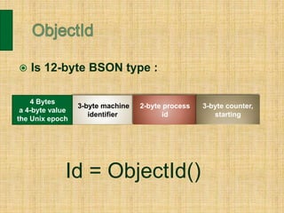  Is 12-byte BSON type :
4 Bytes
a 4-byte value
the Unix epoch
3-byte machine
identifier
2-byte process
id
3-byte counter,
starting
Id = ObjectId()
 