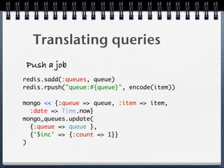 Translating queries
Push a job
redis.sadd(:queues, queue)
redis.rpush("queue:#{queue}", encode(item))
mongo << {:queue => queue, :item => item,
:date => Time.now}
mongo_queues.update(
{:queue => queue },
{'$inc' => {:count => 1}}
)
 