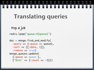 Translating queries
Pop a job
redis.lpop("queue:#{queue}")
doc = mongo.find_and_modify(
:query => {:queue => queue},
:sort => [[:date, 1]],
:remove => true) 
mongo_queues.update(
{:queue => queue },
{'$inc' => {:count => -1}})
 