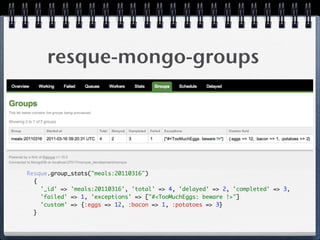 resque-mongo-groups
Resque.group_stats("meals:20110316") 
{ 
'_id' => 'meals:20110316', 'total' => 4, 'delayed' => 2, 'completed' => 3, 
'failed' => 1, 'exceptions' => ["#<TooMuchEggs: beware !>"] 
'custom' => {:eggs => 12, :bacon => 1, :potatoes => 3} 
} 
 