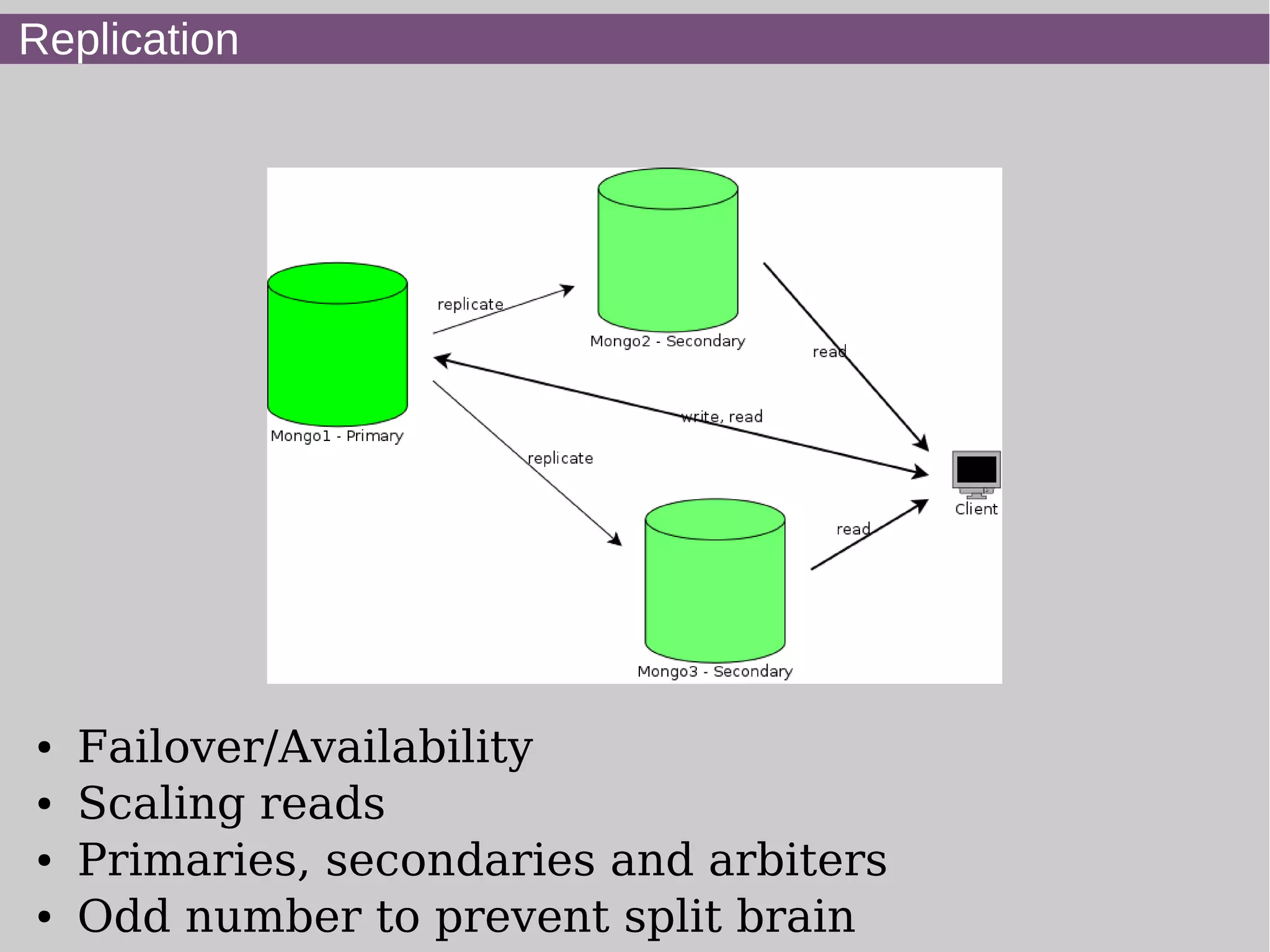 Replication




●   Failover/Availability
●   Scaling reads
●   Primaries, secondaries and arbiters
●   Odd number to prevent split brain
 