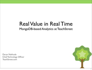 Real Value in Real Time
                 MongoDB-based Analytics at TeachStreet




Daryn Nakhuda
Chief Technology Ofﬁcer
TeachStreet.com



                                                          1
 