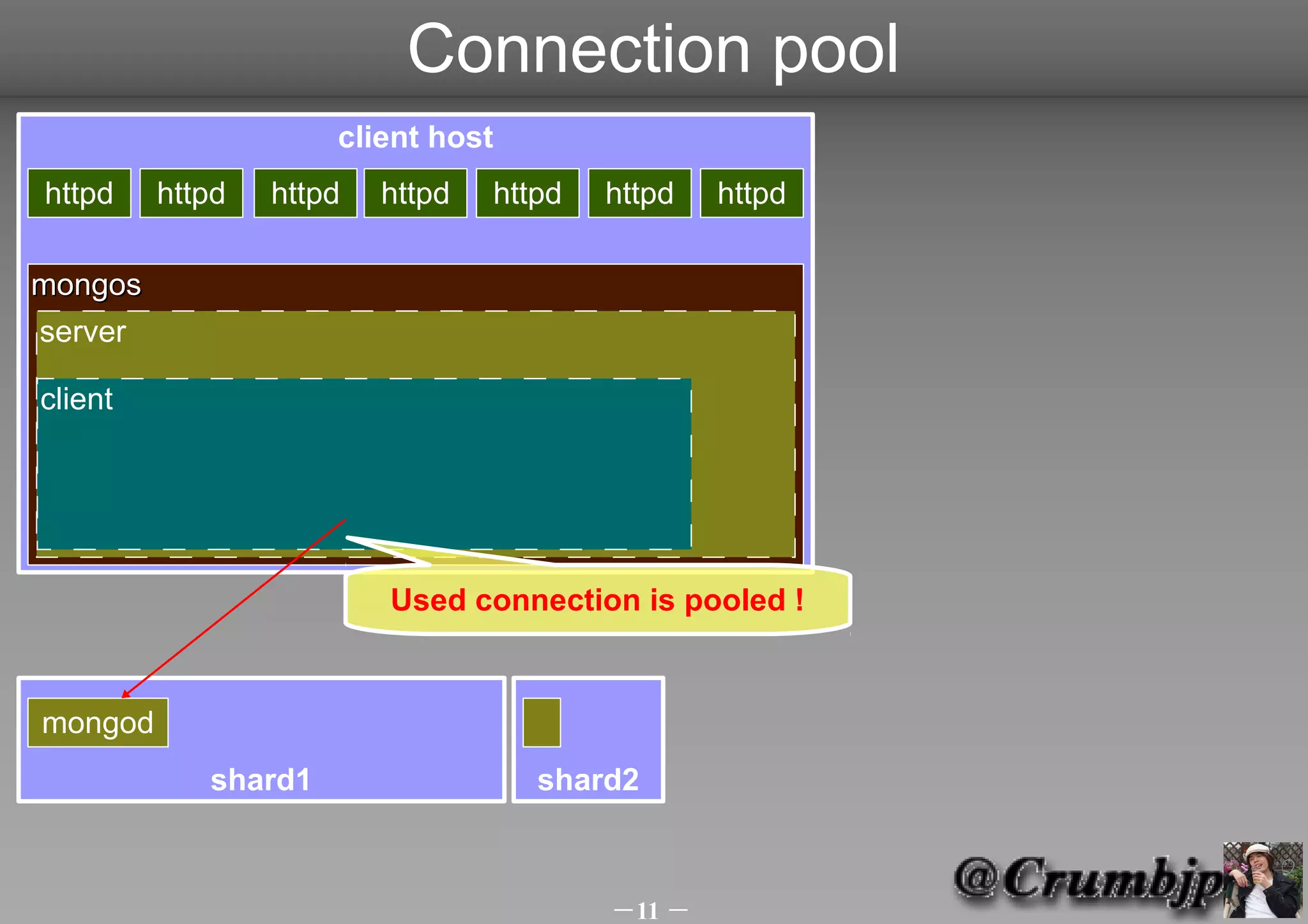Connection pool
                     client host
httpd    httpd   httpd   httpd   httpd   httpd   httpd

mongos
server

client




                         Used connection is pooled !


mongod
            shard1                  shard2



                                         －11 －
 