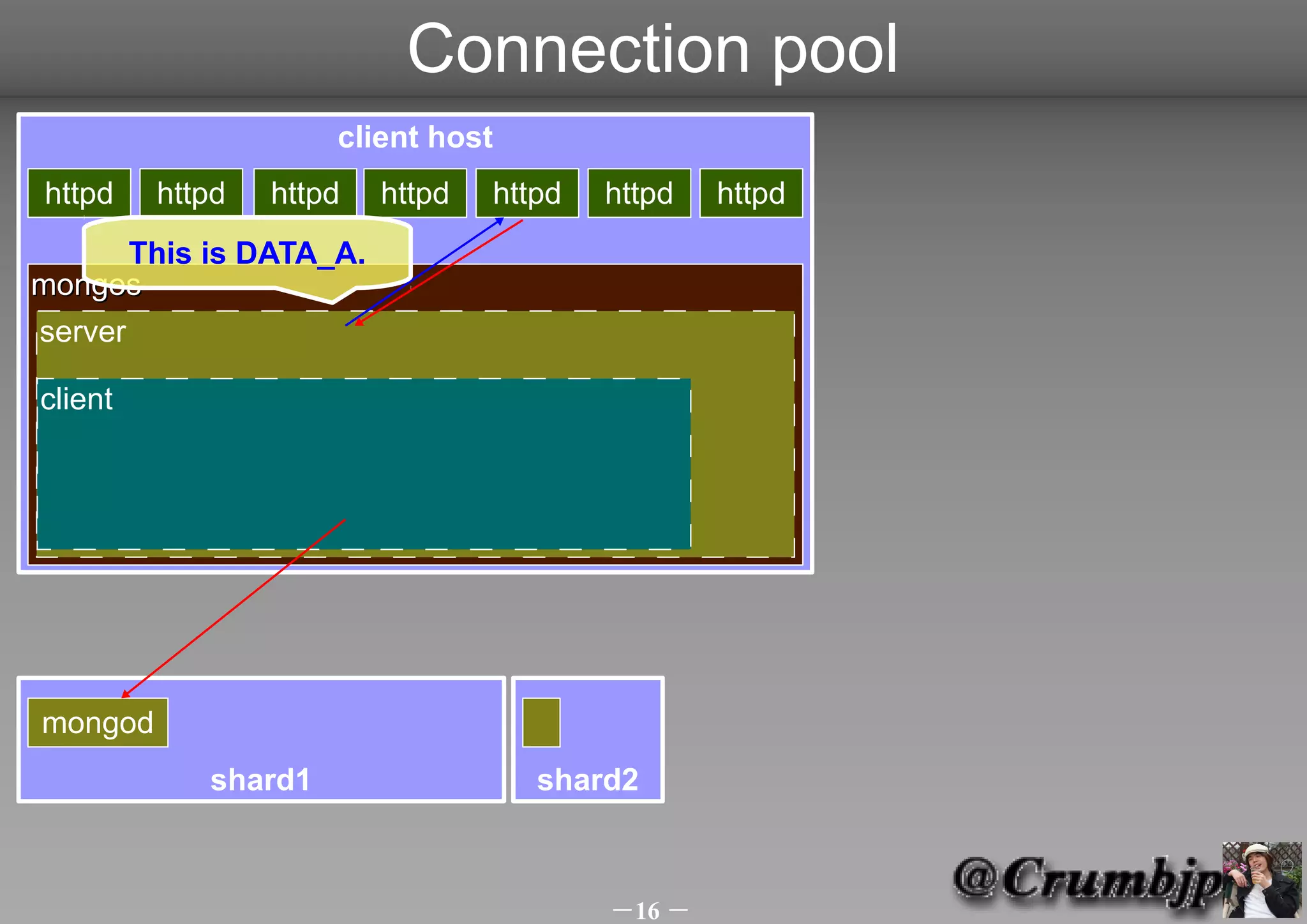 Connection pool
                     client host
httpd    httpd   httpd   httpd   httpd   httpd   httpd
       This is DATA_A.
mongos
server

client




mongod
            shard1                  shard2



                                         －16 －
 