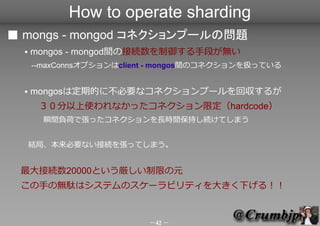 How to operate sharding
 mongs - mongod ͥש`Ά}
     mongos - mongodgνӾAֶΤo
      --maxConnsץclient - mongosgΥͥQäƤ


     mongos϶ڵĤ˲Ҫʥͥש`؅뤬
 ʹʤäͥ޶hardcode
      ˲gؓɤǏäͥLrg֤AƤޤ


      Y֡ҪʤӾA򏈤äƤޤ


 ӾA20000ȤޤԪ
 ֤ΟojϥƥΥ`ӥƥ󤭤¤룡


                           42 
 
