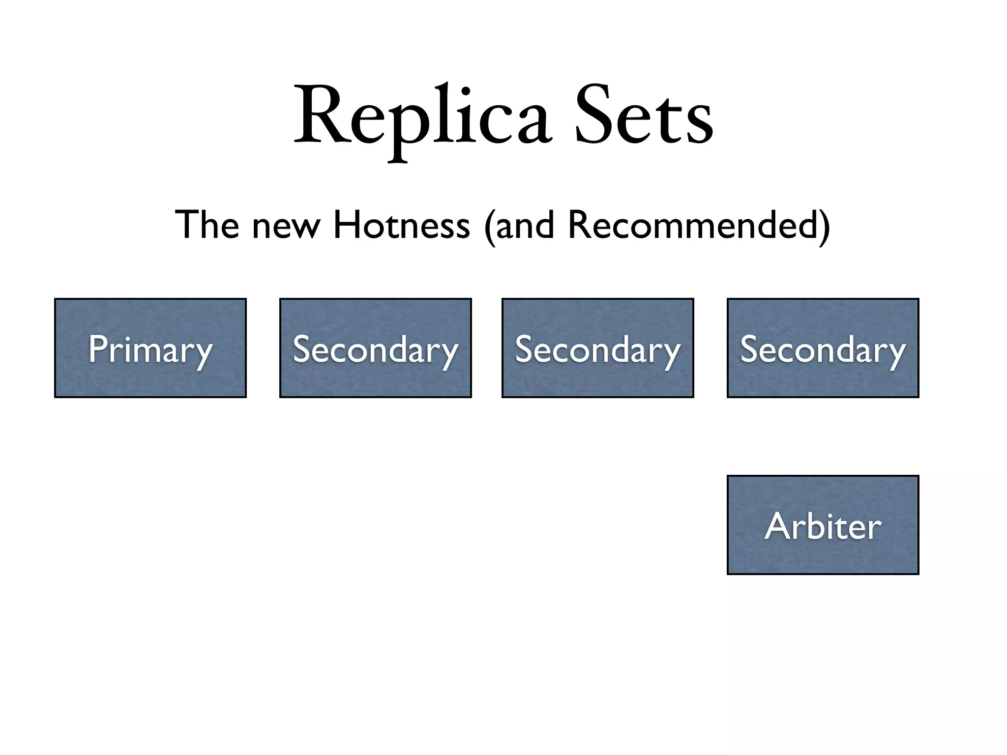 Replica Sets
    The new Hotness (and Recommended)


Primary   Secondary   Secondary   Secondary



                                   Arbiter
 