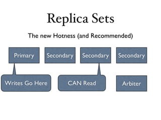 Replica Sets
       The new Hotness (and Recommended)


   Primary   Secondary   Secondary   Secondary



Writes Go Here      CAN Read          Arbiter
 