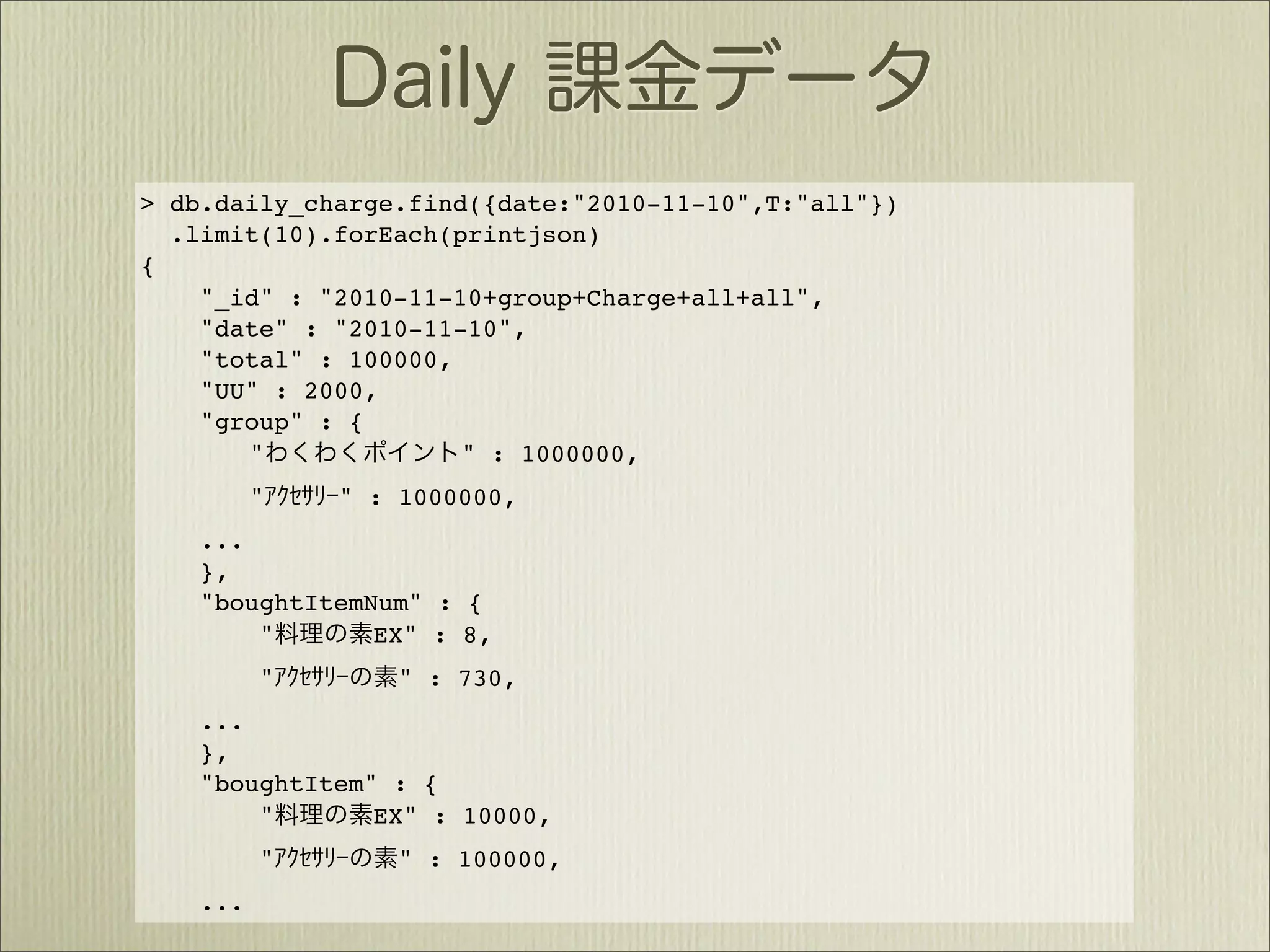 > db.daily_charge.find({date:"2010-11-10",T:"all"})
  .limit(10).forEach(printjson)
{
    "_id" : "2010-11-10+group+Charge+all+all",
    "date" : "2010-11-10",
    "total" : 100000,
    "UU" : 2000,
    "group" : {
       "              " : 1000000,
          "   " : 1000000,
    ...
    },
    "boughtItemNum" : {
        "       EX" : 8,
          "       " : 730,
    ...
    },
    "boughtItem" : {
        "       EX" : 10000,
          "       " : 100000,
    ...
 