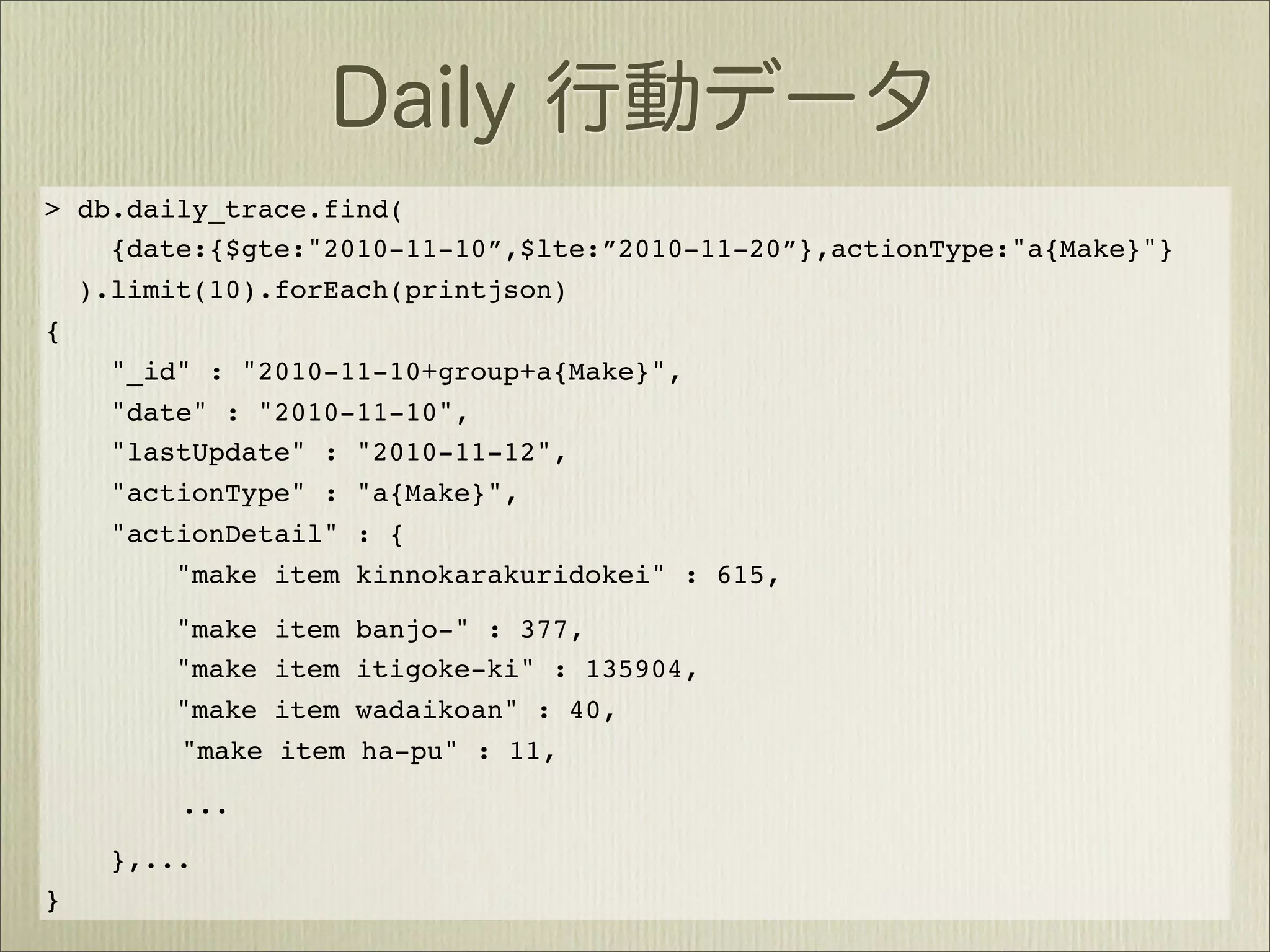 > db.daily_trace.find(
    {date:{$gte:"2010-11-10”,$lte:”2010-11-20”},actionType:"a{Make}"}
  ).limit(10).forEach(printjson)
{
    "_id" : "2010-11-10+group+a{Make}",
    "date" : "2010-11-10",
    "lastUpdate" : "2010-11-12",
    "actionType" : "a{Make}",
    "actionDetail" : {
        "make item kinnokarakuridokei" : 615,

        "make   item   banjo-" : 377,
        "make   item   itigoke-ki" : 135904,
        "make   item   wadaikoan" : 40,
        "make   item   ha-pu" : 11,

        ...

    },...
}
 