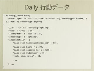 > db.daily_trace.find(
    {date:{$gte:"2010-11-10”,$lte:”2010-11-20”},actionType:"a{Make}"}
  ).limit(10).forEach(printjson)
{
    "_id" : "2010-11-10+group+a{Make}",
    "date" : "2010-11-10",
    "lastUpdate" : "2010-11-12",
    "actionType" : "a{Make}",
    "actionDetail" : {
        "make item kinnokarakuridokei" : 615,

        "make   item   banjo-" : 377,
        "make   item   itigoke-ki" : 135904,
        "make   item   wadaikoan" : 40,
        "make   item   ha-pu" : 11,

        ...

    },...
}
 