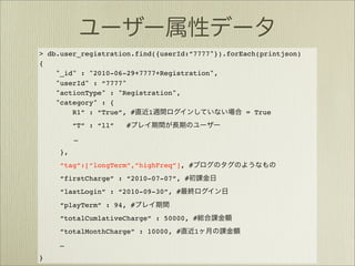 > db.user_registration.find({userId:”7777"}).forEach(printjson)
{
    "_id" : "2010-06-29+7777+Registration",
    "userId" : “7777"
    "actionType" : "Registration",
    "category" : {
        R1” : “True”, #   1                       = True
         “T” : “ll”   #
         …
    },
    “tag”:[“longTerm”,”highFreq”], #
    “firstCharge” : “2010-07-07”, #
    “lastLogin” : “2010-09-30”, #
    “playTerm” : 94, #
    “totalCumlativeCharge” : 50000, #
    “totalMonthCharge” : 10000, #      1
    …
}
 