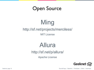 Open Source Ming http://sf.net/projects/merciless/ MIT License Allura http://sf.net/p/allura/ Apache License 