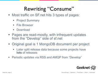 Rewriting “Consume” Most traffic on SF.net hits 3 types of pages: Project Summary File Browser Download Pages are read-mostly, with infrequent updates from the “Develop” side of sf.net Original goal is 1 MongoDB document per project  Later split release data because some projects have  lots  of releases Periodic updates via RSS and AMQP from “Develop” 
