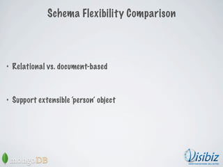 Schema Flexibility Comparison



•   Relational vs. document-based



•   Support extensible ‘person’ object
 