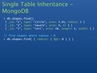 Single Table Inheritance -
MongoDB
> db.shapes.find()
 { _id: "1", type: "circle", area: 3.14, radius: 1 }
 { _id: "2", type: "square", area: 4, d: 2 }
 { _id: "3", type: "rect", area: 10, length: 5, width: 2 }

// find shapes where radius > 0 
> db.shapes.find( { radius: { $gt: 0 } } )
 