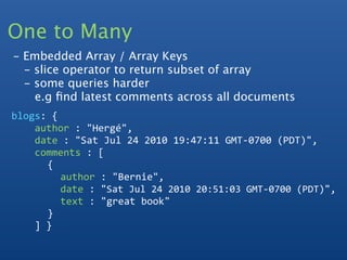 One to Many
- Embedded Array / Array Keys
  - slice operator to return subset of array
  - some queries harder
    e.g ﬁnd latest comments across all documents
blogs: {    
    author : "Hergé",
    date : "Sat Jul 24 2010 19:47:11 GMT‐0700 (PDT)", 
    comments : [
      {
        author : "Bernie",
        date : "Sat Jul 24 2010 20:51:03 GMT‐0700 (PDT)",
        text : "great book"
      }
    ] }
 