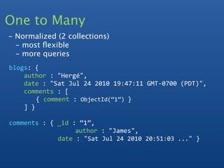 One to Many
- Normalized (2 collections)
  - most ﬂexible
  - more queries
blogs: {    
    author : "Hergé",
    date : "Sat Jul 24 2010 19:47:11 GMT‐0700 (PDT)", 
    comments : [
       { comment : ObjectId(“1”) }
    ] }

comments : { _id : “1”,
                  author : "James",
             date : "Sat Jul 24 2010 20:51:03 ..." }
 