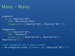 Many - Many

products:
   { _id: ObjectId("10"),
     name: "Destination Moon",
     category_ids: [ ObjectId("20"), ObjectId("30") ] }
  
categories:
   { _id: ObjectId("20"), 
     name: "adventure", 
     product_ids: [ ObjectId("10"), ObjectId("11"), 
ObjectId("12") ] }

//All categories for a given product
> db.categories.find( { product_ids: ObjectId("10") } )
 