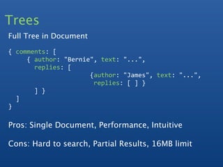 Trees
Full Tree in Document

{ comments: [
     { author: "Bernie", text: "...", 
       replies: [
                      {author: "James", text: "...",
                       replies: [ ] } 
       ] }
  ]
}

Pros: Single Document, Performance, Intuitive

Cons: Hard to search, Partial Results, 16MB limit

  
 