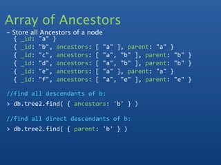 Array of Ancestors
- Store all Ancestors of a node
  { _id: "a" }
  { _id: "b", ancestors: [ "a" ], parent: "a" }
  { _id: "c", ancestors: [ "a", "b" ], parent: "b" }
  { _id: "d", ancestors: [ "a", "b" ], parent: "b" }
  { _id: "e", ancestors: [ "a" ], parent: "a" }
  { _id: "f", ancestors: [ "a", "e" ], parent: "e" }

//find all descendants of b:
> db.tree2.find( { ancestors: 'b' } )

//find all direct descendants of b:
> db.tree2.find( { parent: 'b' } )
 