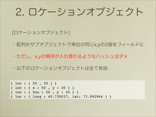 {   loc   :   [   50 , 30 ] }
{   loc   :   {   x : 50 , y : 30 } }
{   loc   :   {   foo : 50 , y : 30 } }
{   loc   :   {   long : 40.739037, lat: 73.992964 } }
 