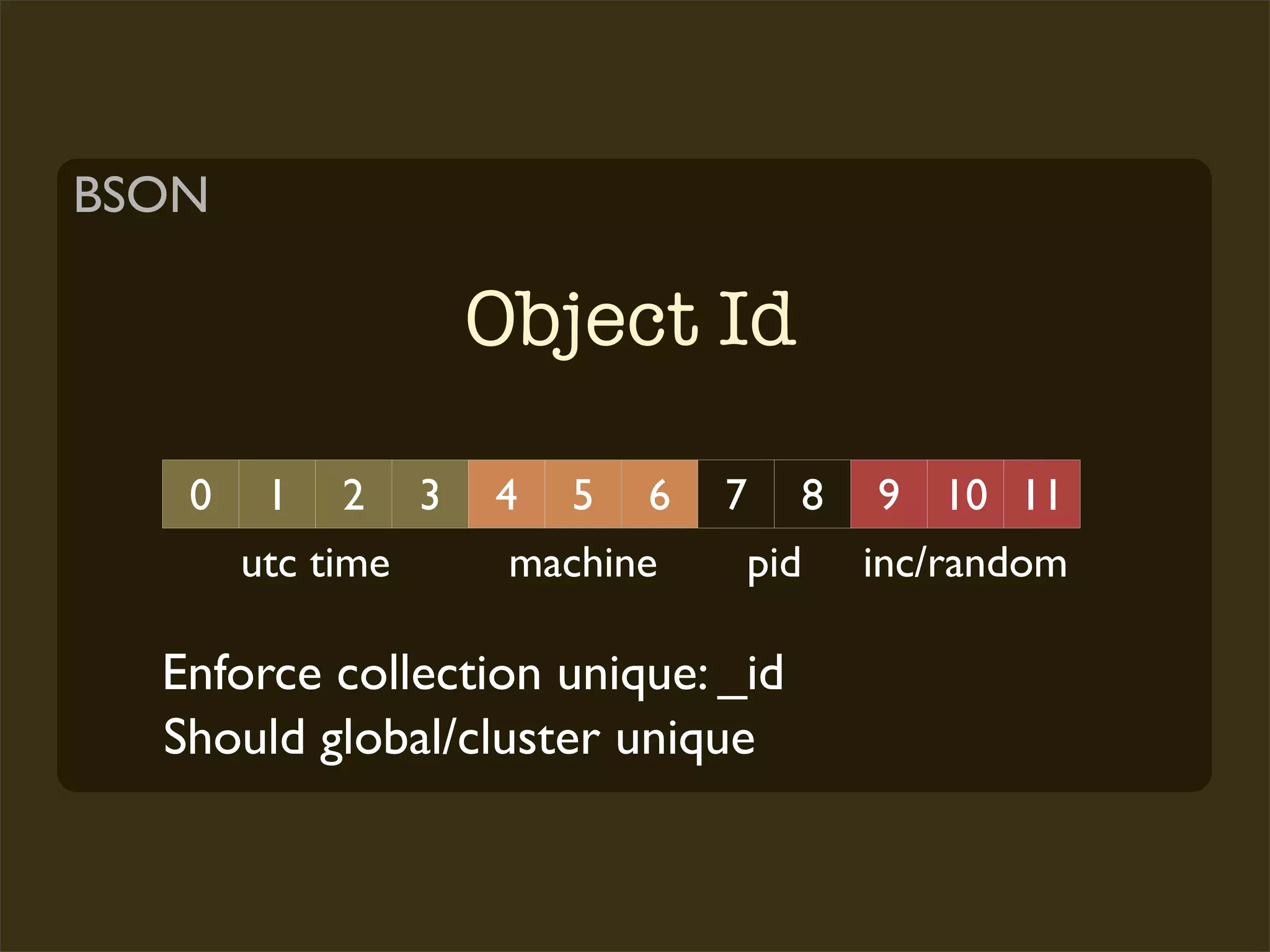 BSON

                  Object Id

   0    1 2 3     4 5 6      7 8 9 10 11
       utc time    machine    pid inc/random

  Enforce collection unique: _id
  Should global/cluster unique
 