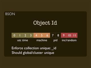 BSON

                  Object Id

   0    1 2 3     4 5 6      7 8 9 10 11
       utc time    machine    pid inc/random

  Enforce collection unique: _id
  Should global/cluster unique
 