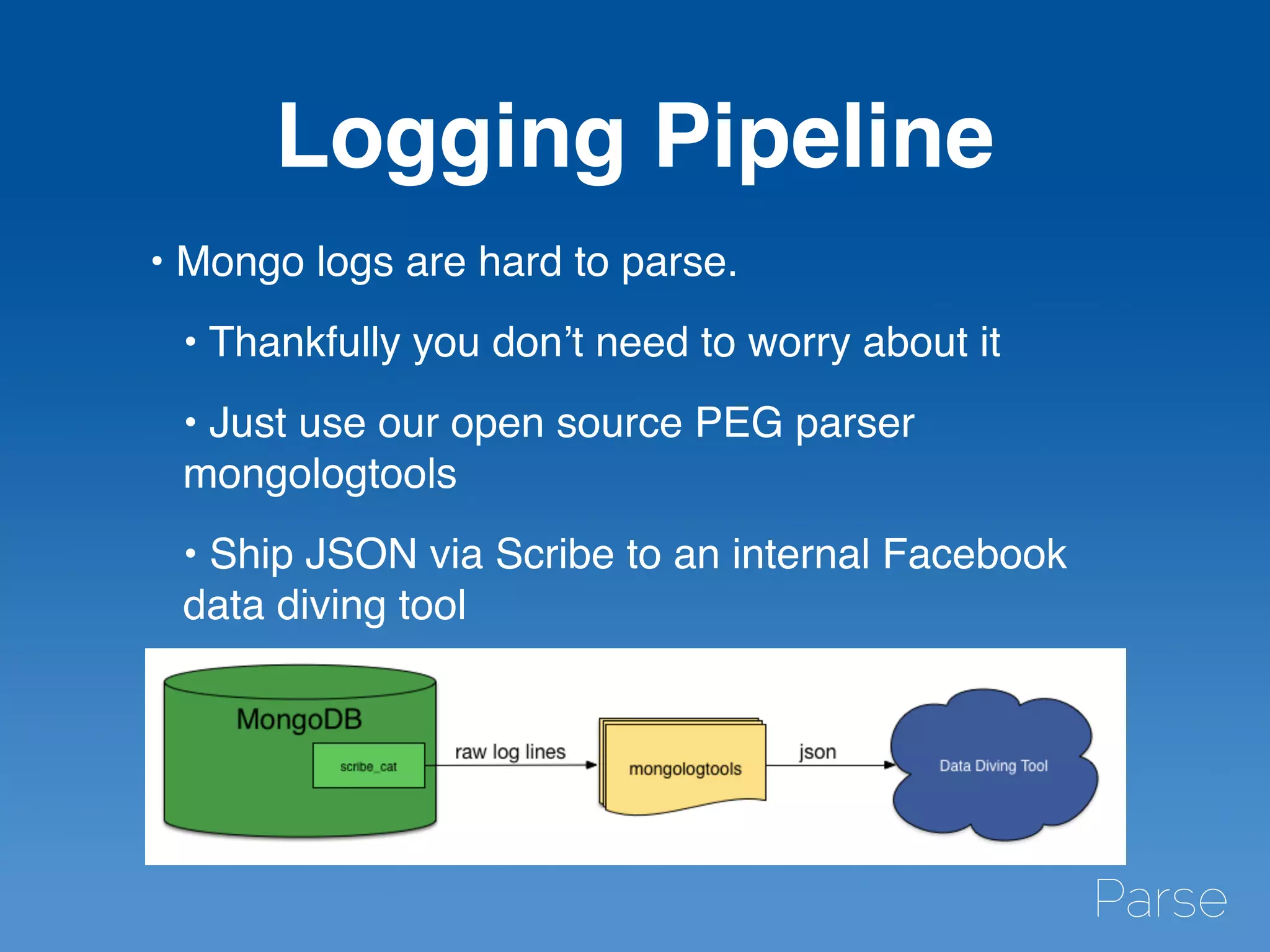 Logging Pipeline
• Mongo logs are hard to parse.
• Thankfully you don’t need to worry about it
• Just use our open source PEG parser
mongologtools
• Ship JSON via Scribe to an internal Facebook
data diving tool
 