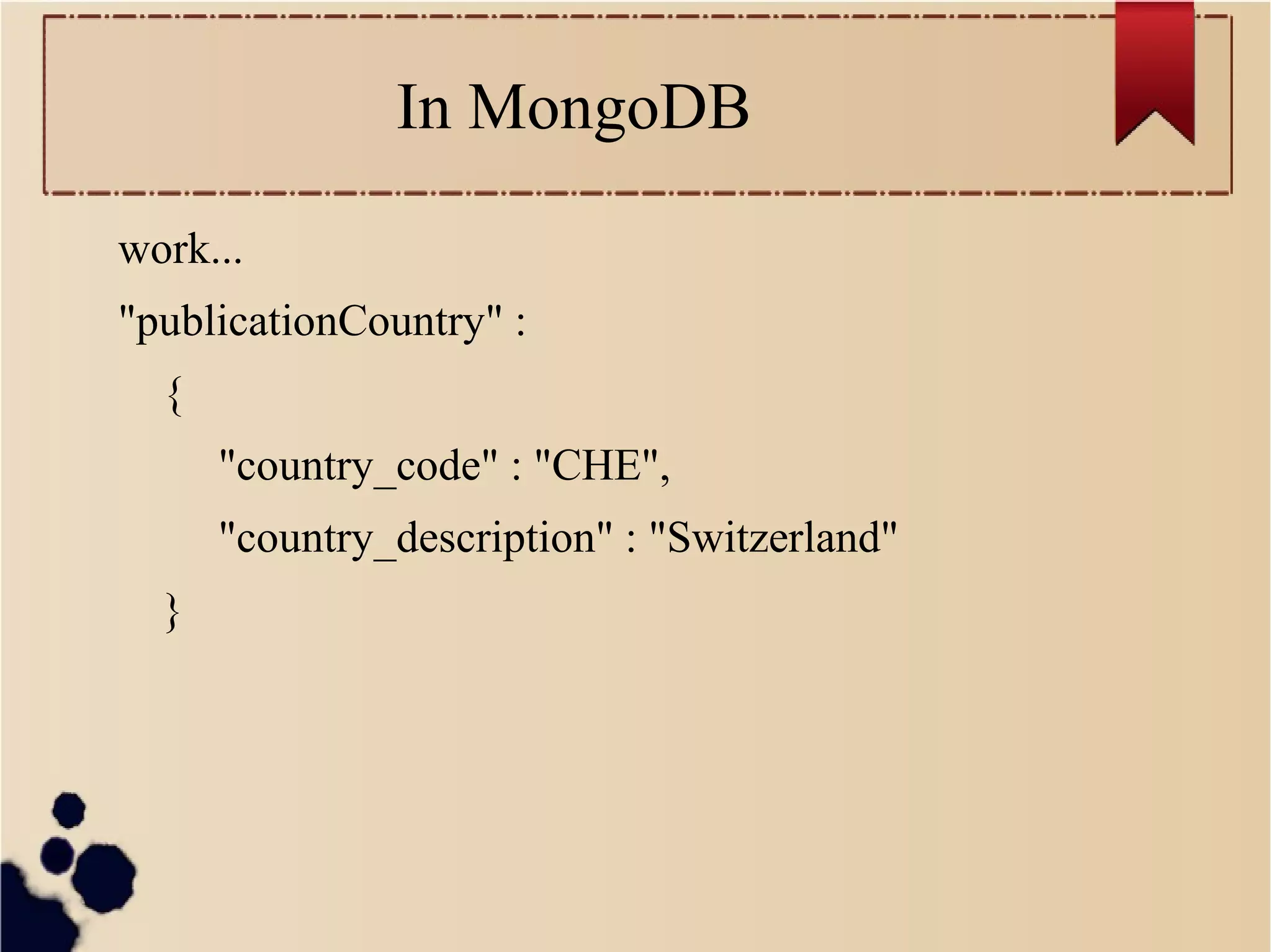 In MongoDB
work...
"publicationCountry" :
{
"country_code" : "CHE",
"country_description" : "Switzerland"
}

 
