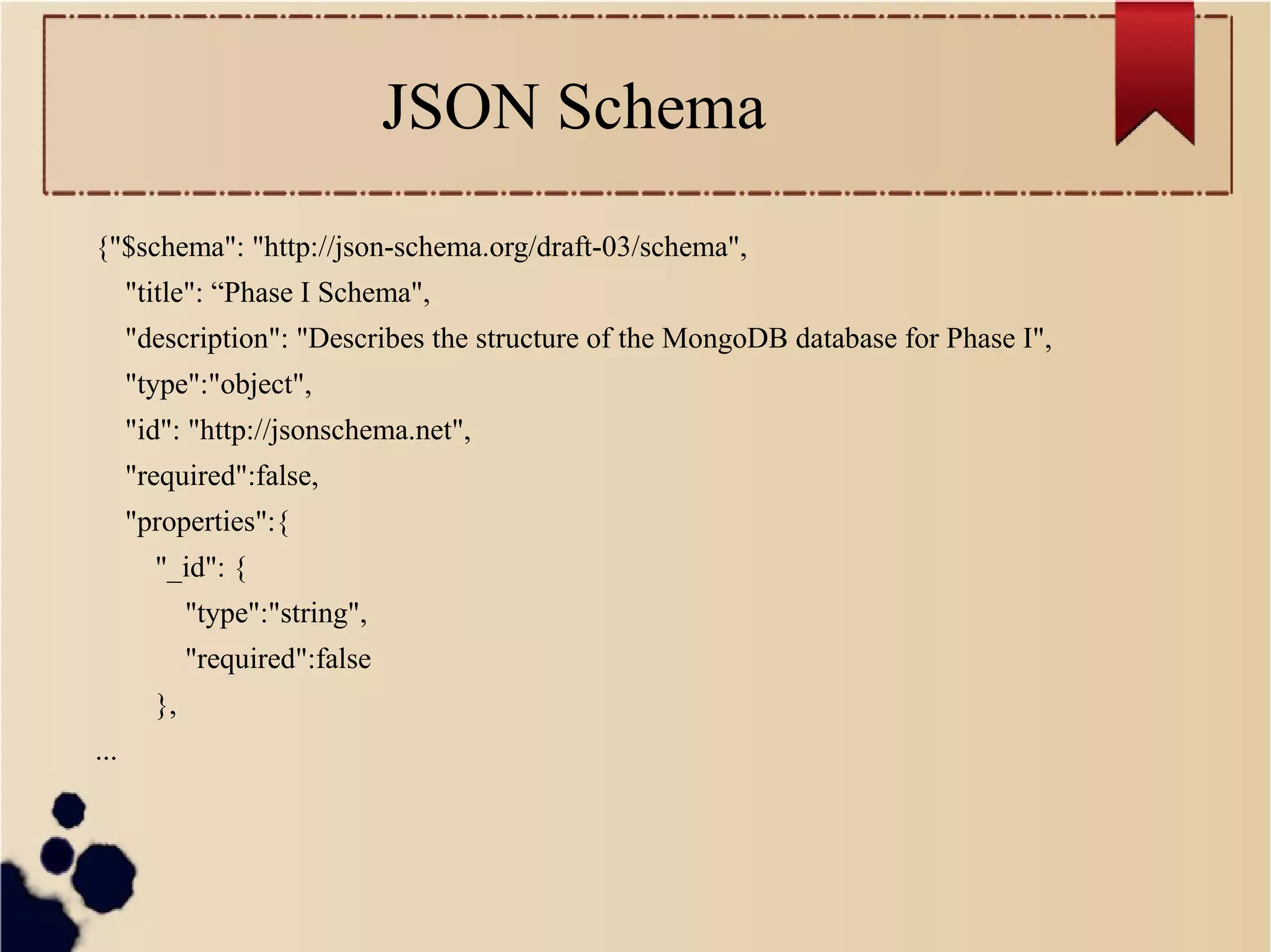 JSON Schema
{"$schema": "http://json-schema.org/draft-03/schema",
"title": “Phase I Schema",
"description": "Describes the structure of the MongoDB database for Phase I",
"type":"object",
"id": "http://jsonschema.net",
"required":false,
"properties":{
"_id": {
"type":"string",
"required":false
},
...

 