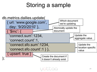 Storing a sample<br />24<br />db.metrics.dailies.update( <br />	{ url: ‘www.google.com’, <br />       day: ‘9/20/2010’ }, ...