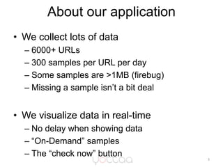 About our application<br />3<br />We collect lots of data<br />6000+ URLs<br />300 samples per URL per day<br />Some sampl...